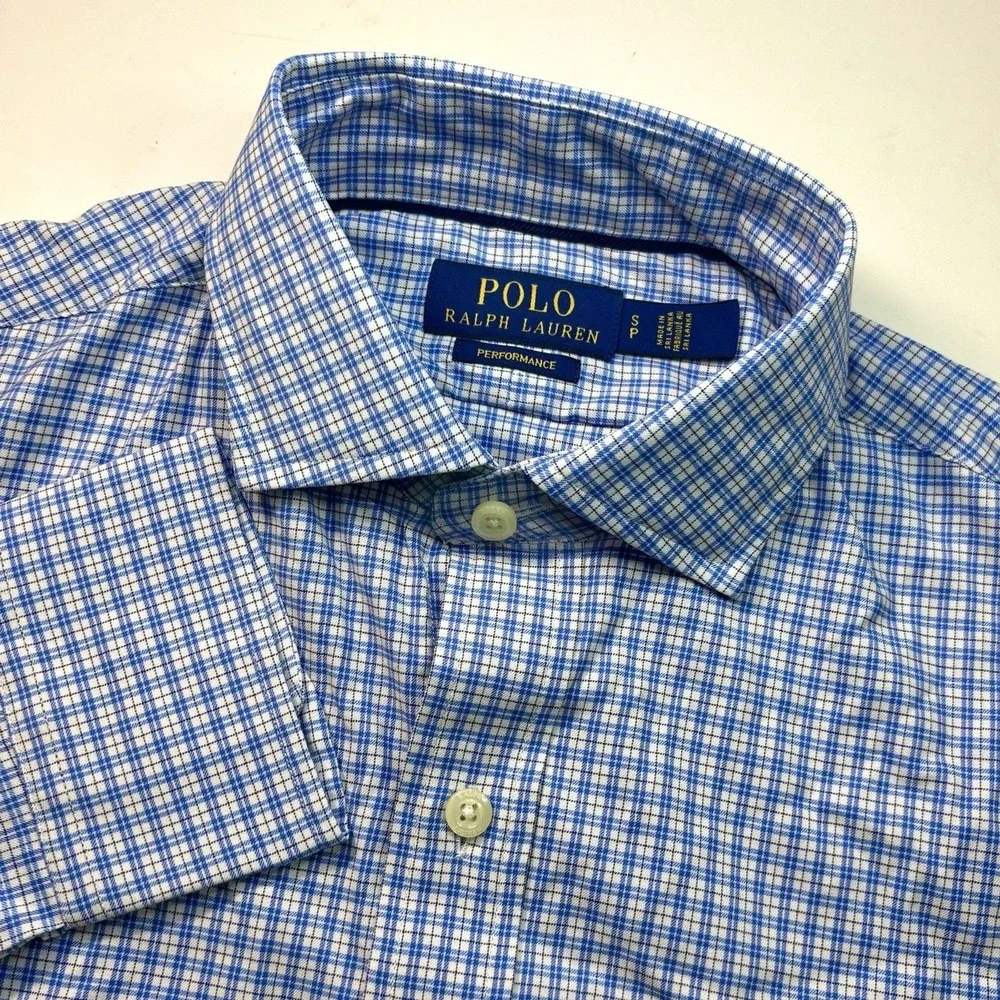 New Polo Ralph Lauren Performance Mens Small Blue‎ White Check Stretch Shirt